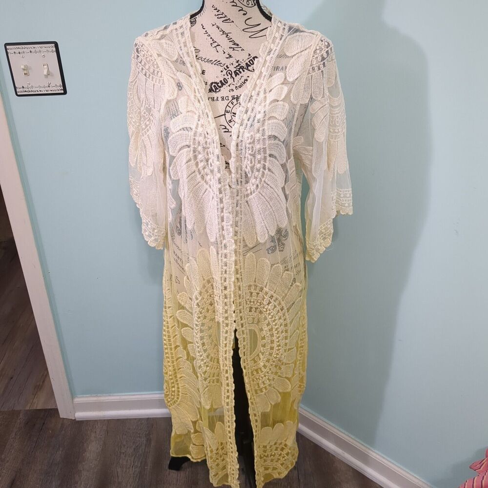 Yellow White Embroidered Lace Kimono Duster/Coverup medium Boho Lace Long